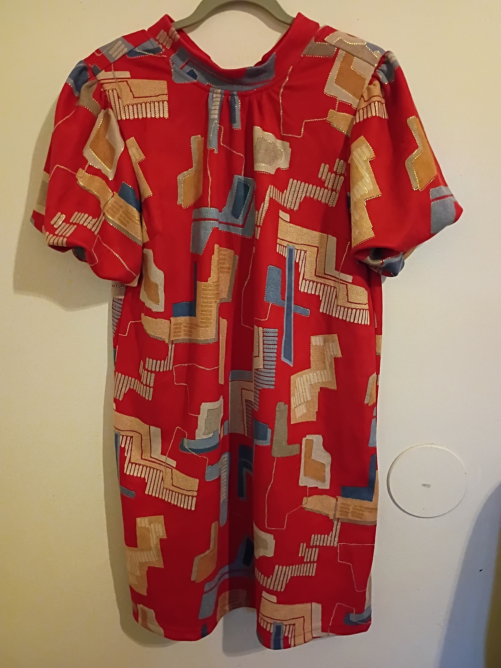 Voy Women's Red Geometric Mini Dress Metallic Trim Sz L NWT